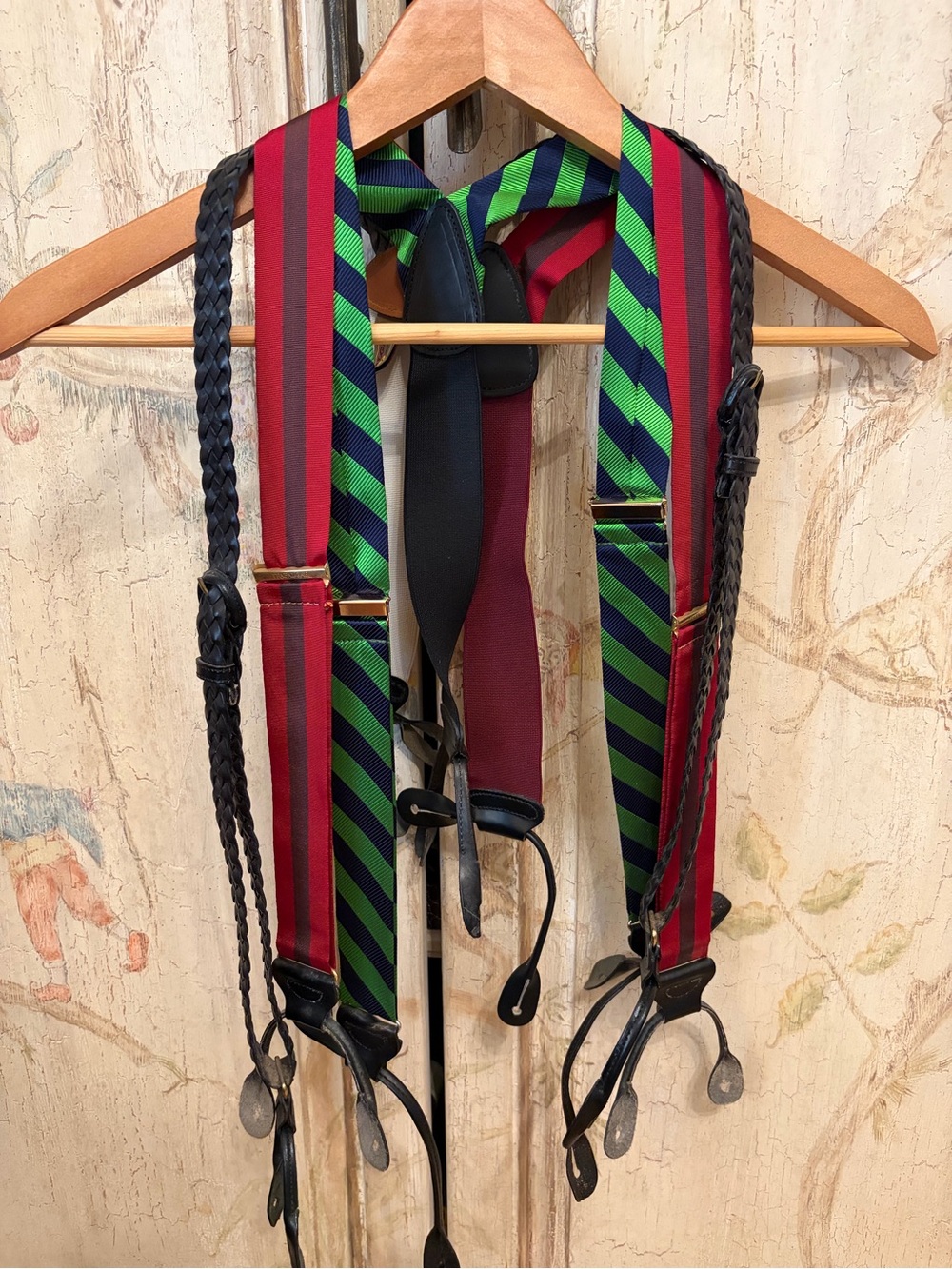 Men’s’ Silk Striped Red & Green and black braided leather suspenders